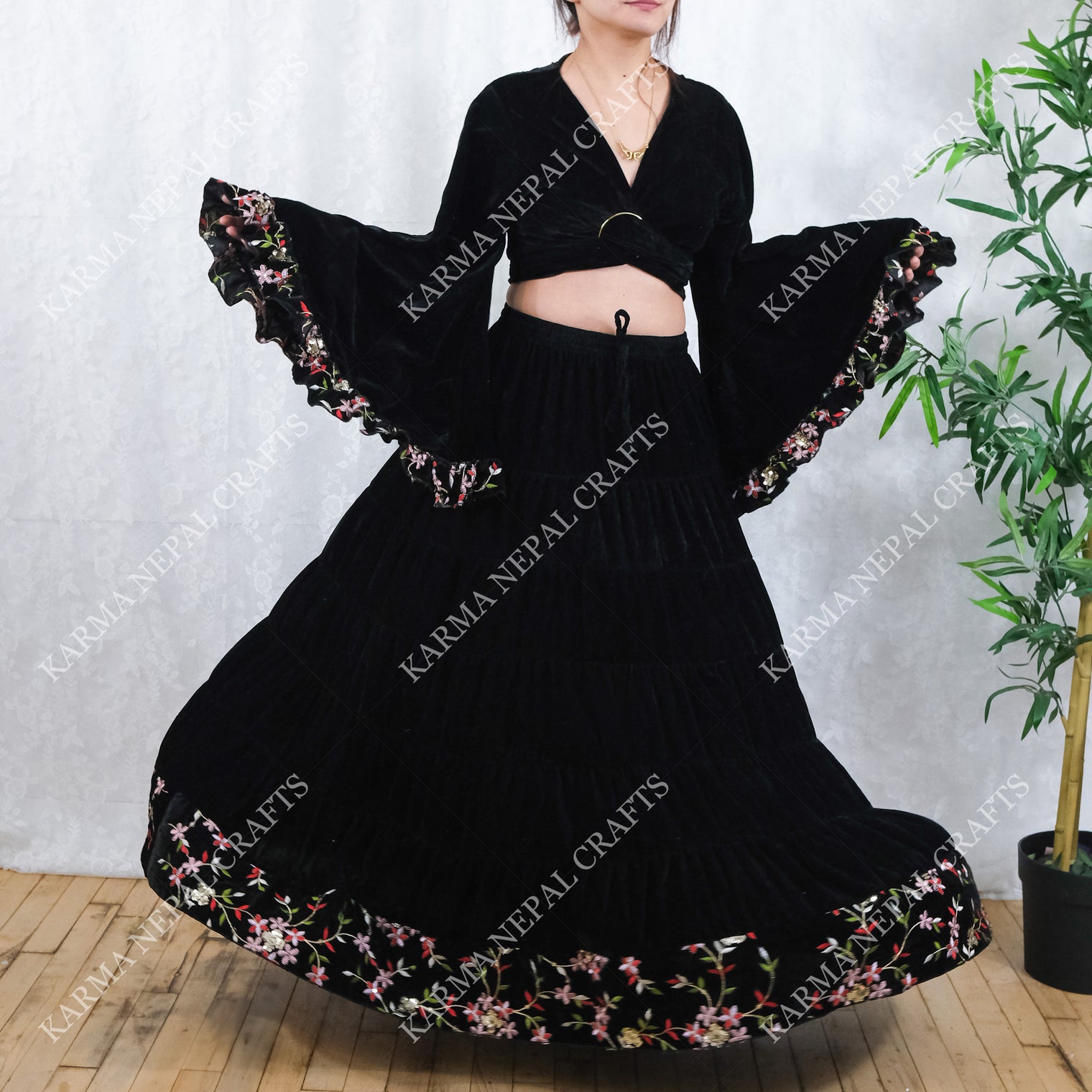 Velvet Whimsy Skirt Set with Hand Embroidery