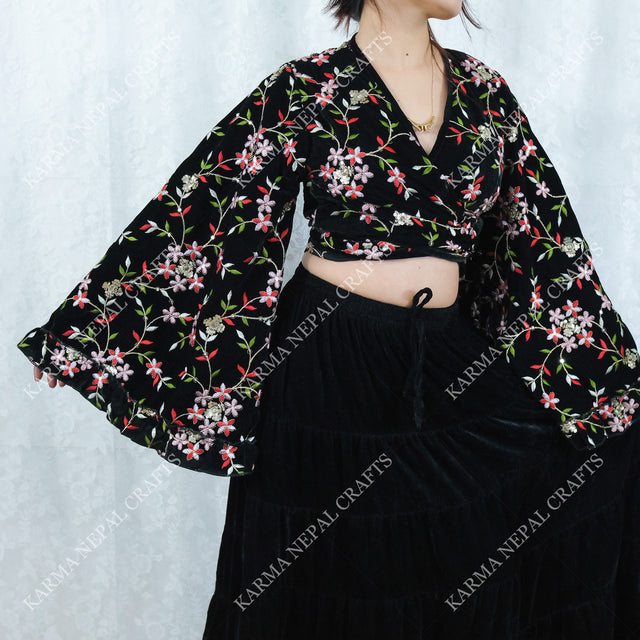 Boho Bloom Full Embroidery Velvet Wrap Top