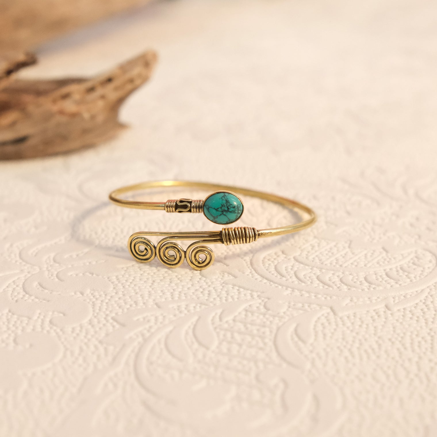 Vintage Inspired Brass Swirl Bracelet with Gemstone