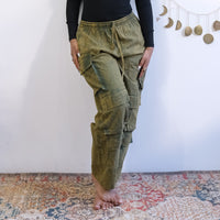 Stonewashed Cotton Cargo Utility Pants with Pockets