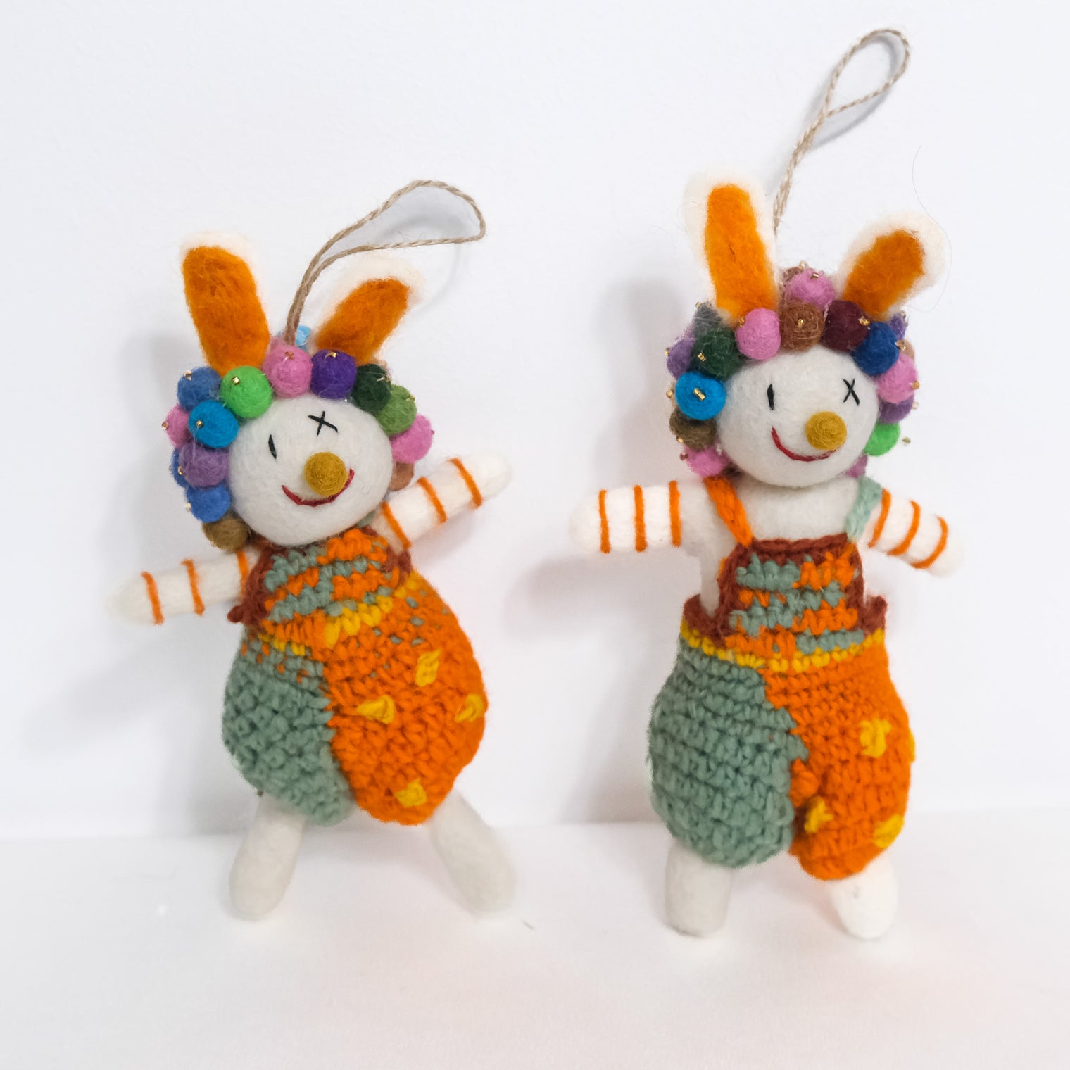 Needle Felted Bunny with Pom Pom Crown and Knitted Overalls