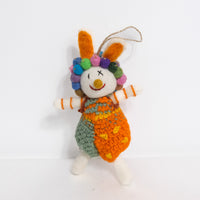 Needle Felted Bunny with Pom Pom Crown and Knitted Overalls