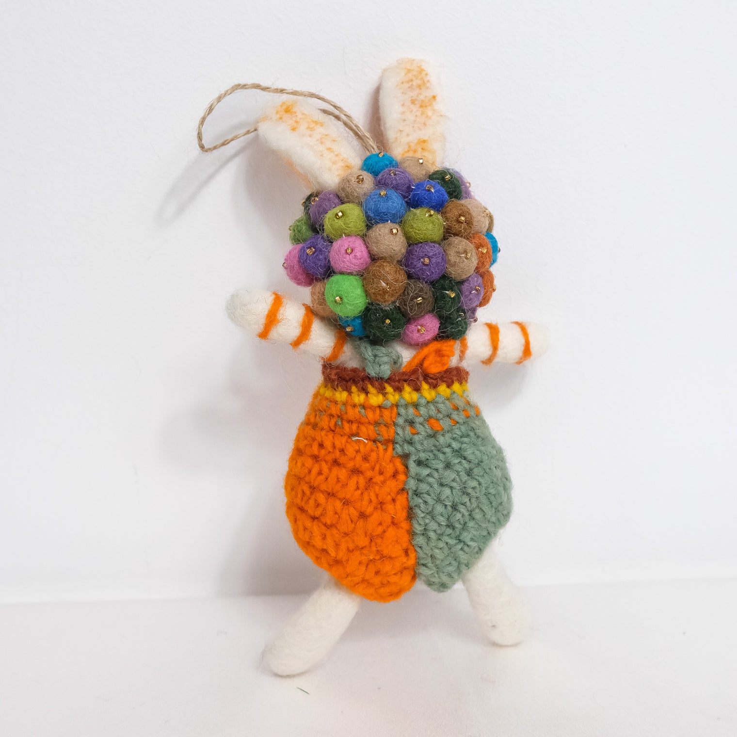 Needle Felted Bunny with Pom Pom Crown and Knitted Overalls