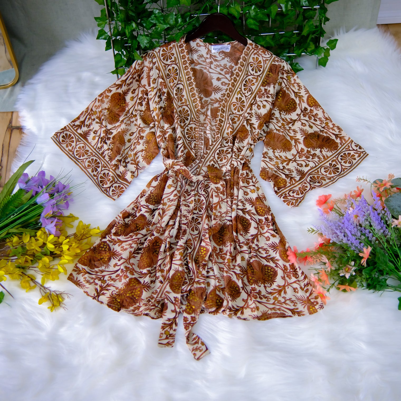 Recycled Boho Silk Short Kimono with Pockets