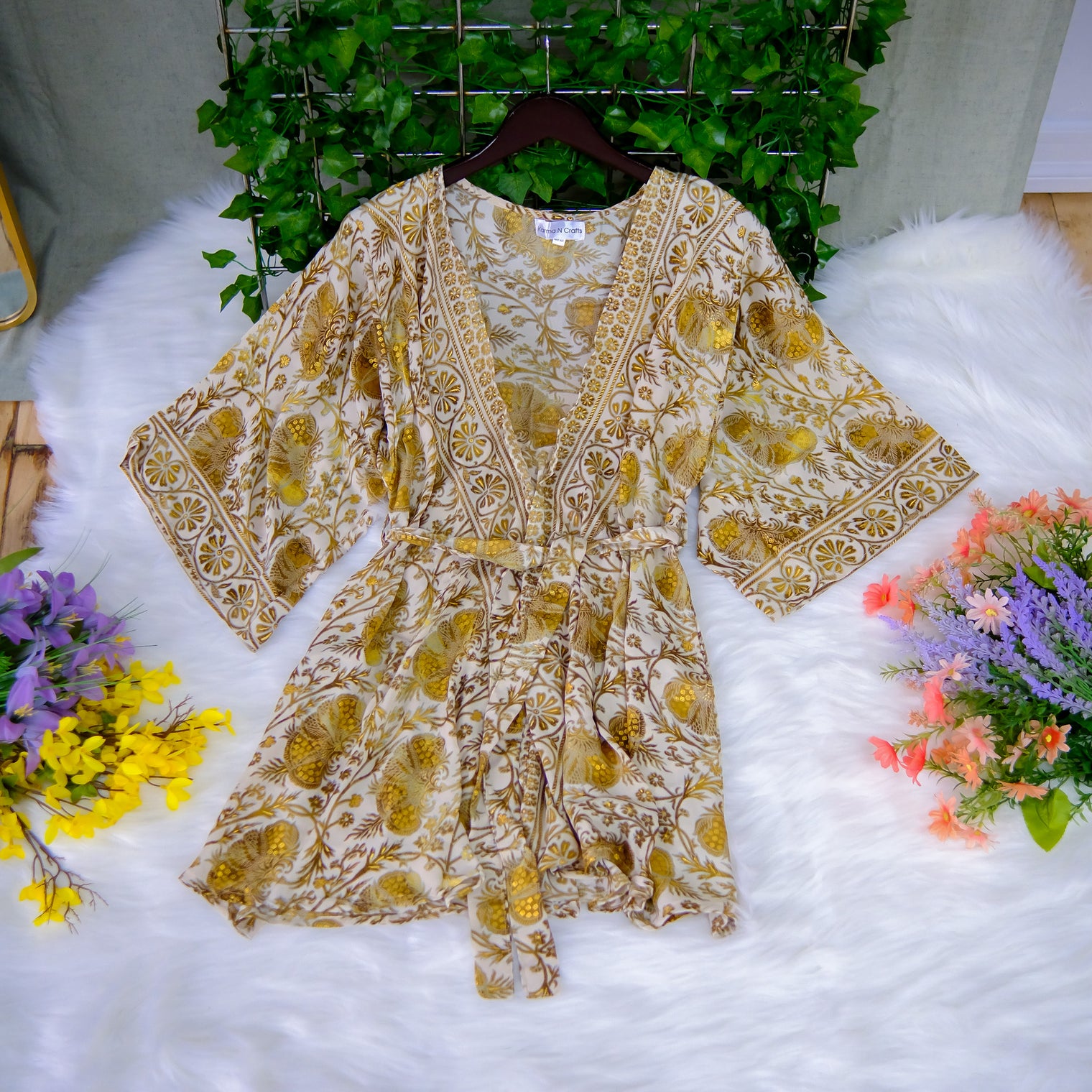 Recycled Boho Silk Short Kimono with Pockets