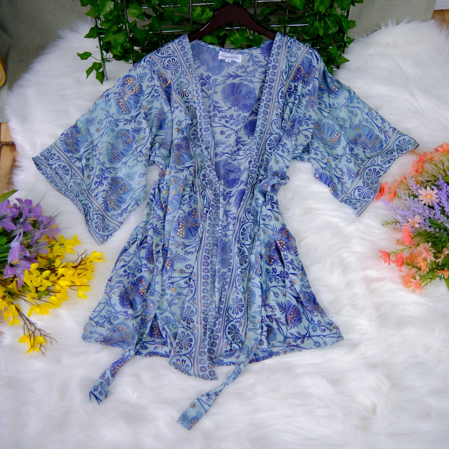 Recycled Boho Silk Short Kimono with Pockets