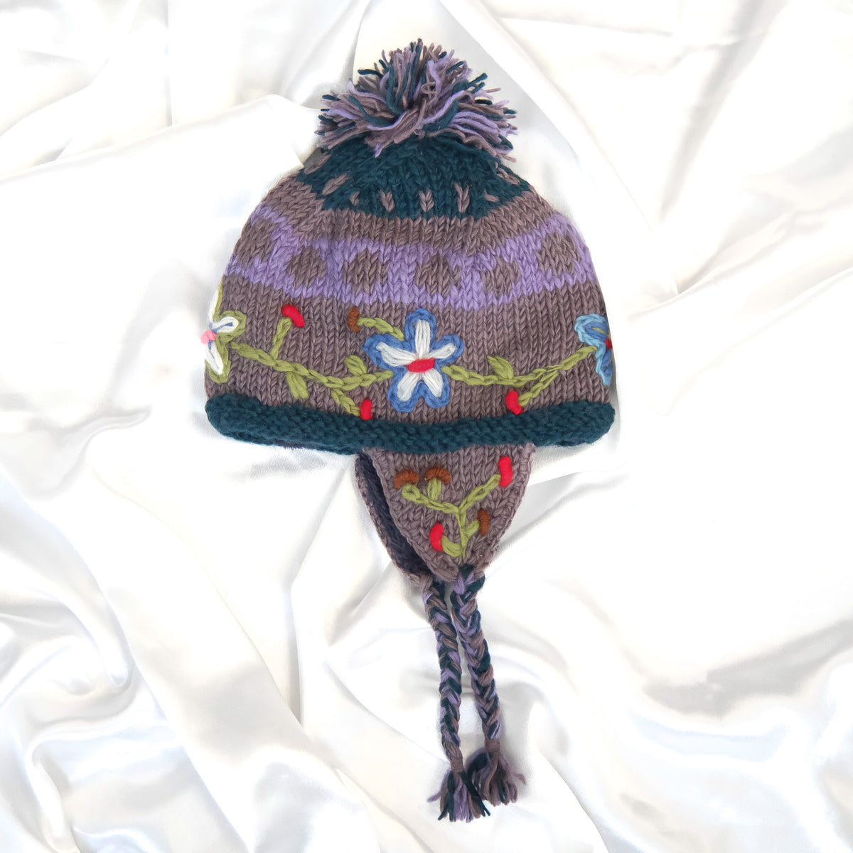 Hand Knitted Floral Embroidery Kids Hat & Gloves Set