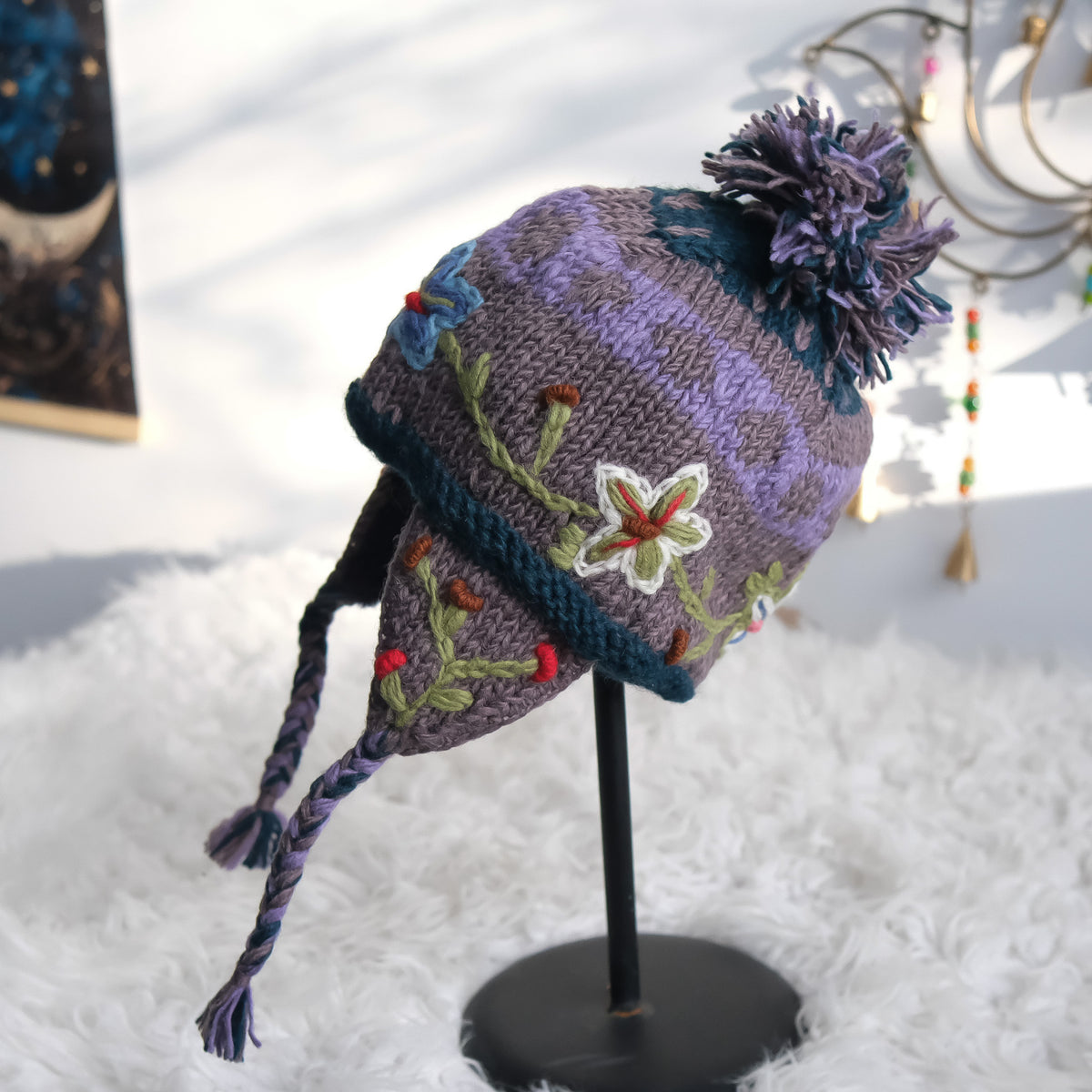 Hand Knitted Floral Embroidery Kids Hat & Gloves Set
