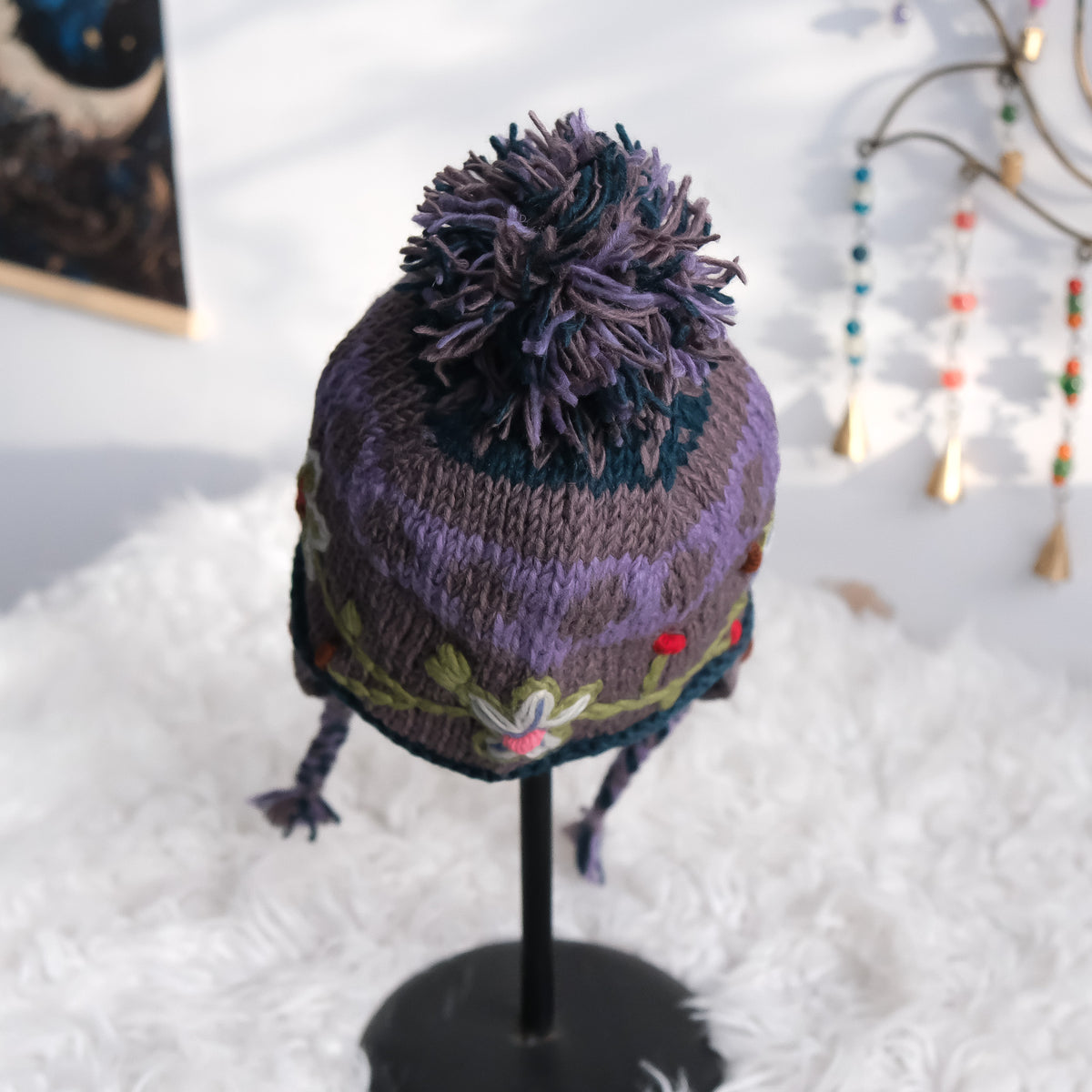 Hand Knitted Floral Embroidery Kids Hat & Gloves Set