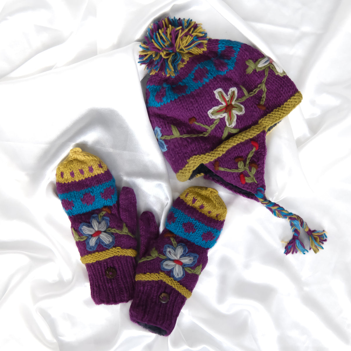 Hand Knitted Floral Embroidery Kids Hat & Gloves Set