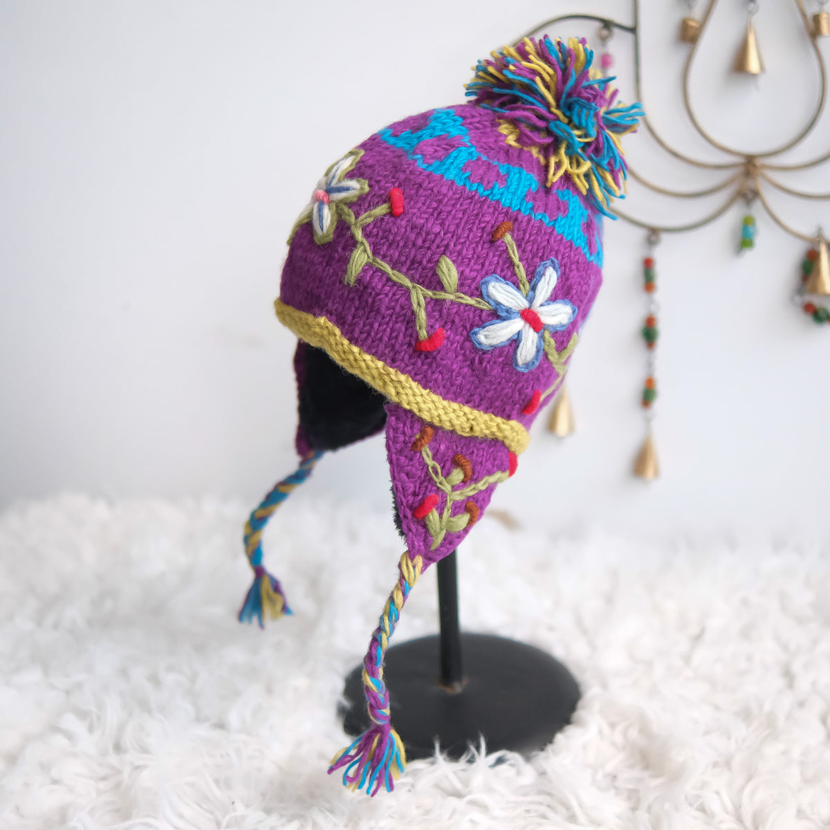 Hand Knitted Floral Embroidery Kids Hat & Gloves Set