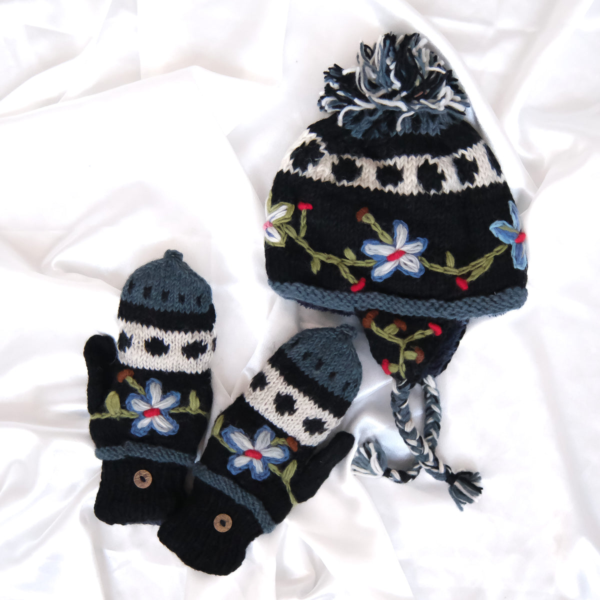 Hand Knitted Floral Embroidery Kids Hat & Gloves Set