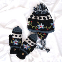 Hand Knitted Floral Embroidery Kids Hat & Gloves Set
