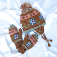 Hand Knitted Floral Embroidery Kids Hat & Gloves Set