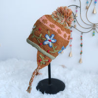 Hand Knitted Floral Embroidery Kids Hat & Gloves Set