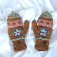 Hand Knitted Floral Embroidery Kids Hat & Gloves Set