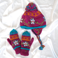 Hand Knitted Floral Embroidery Kids Hat & Gloves Set