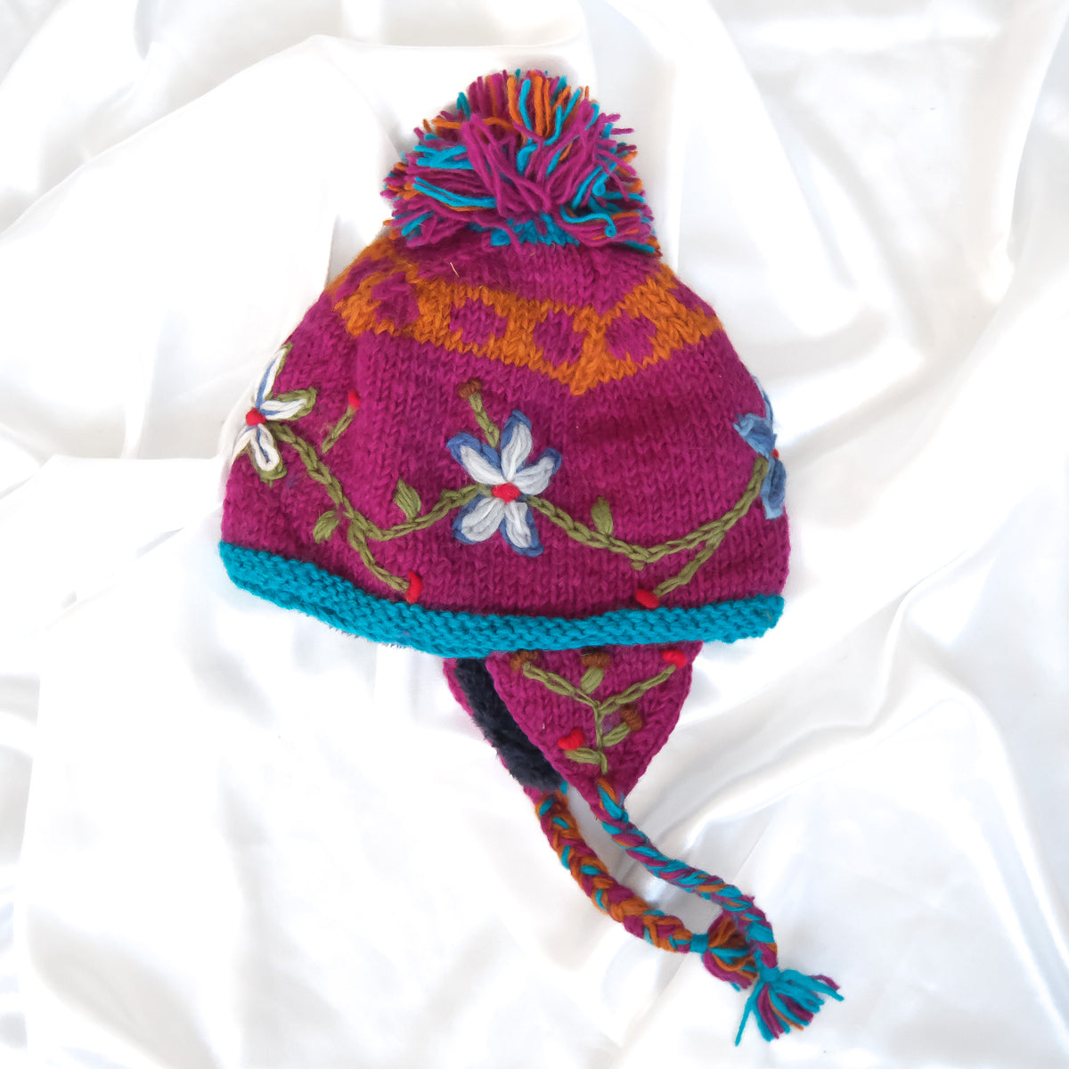Hand Knitted Floral Embroidery Kids Hat & Gloves Set