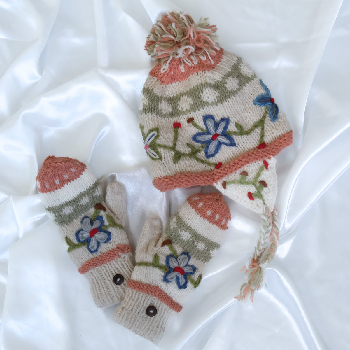 Hand Knitted Floral Embroidery Kids Hat & Gloves Set