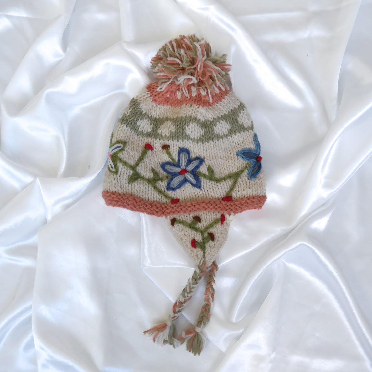 Hand Knitted Floral Embroidery Kids Hat & Gloves Set