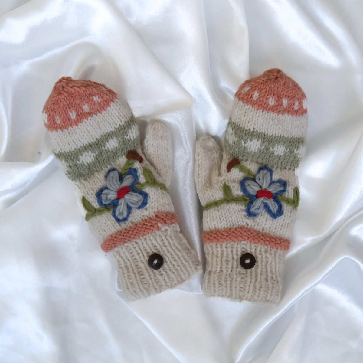 Hand Knitted Floral Embroidery Kids Hat & Gloves Set
