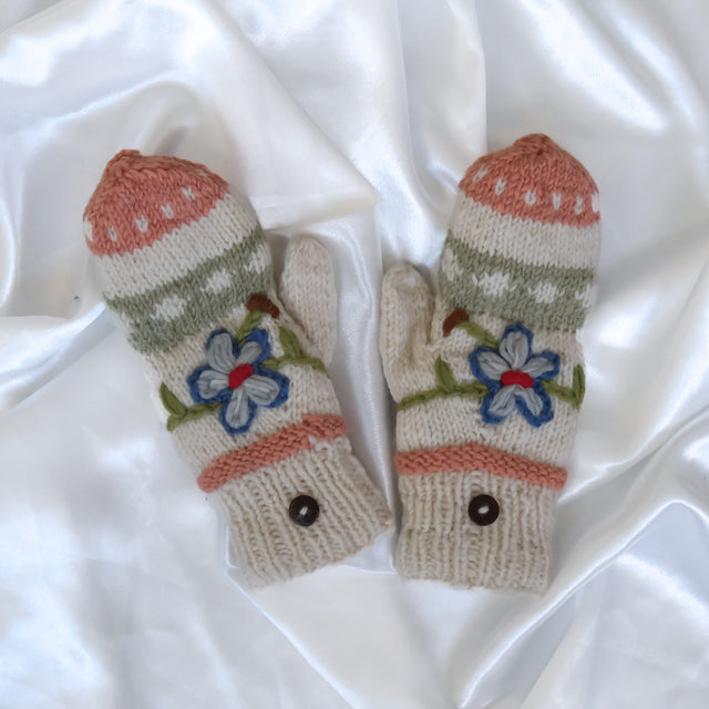 Hand Knitted Floral Embroidery Kids Hat & Gloves Set