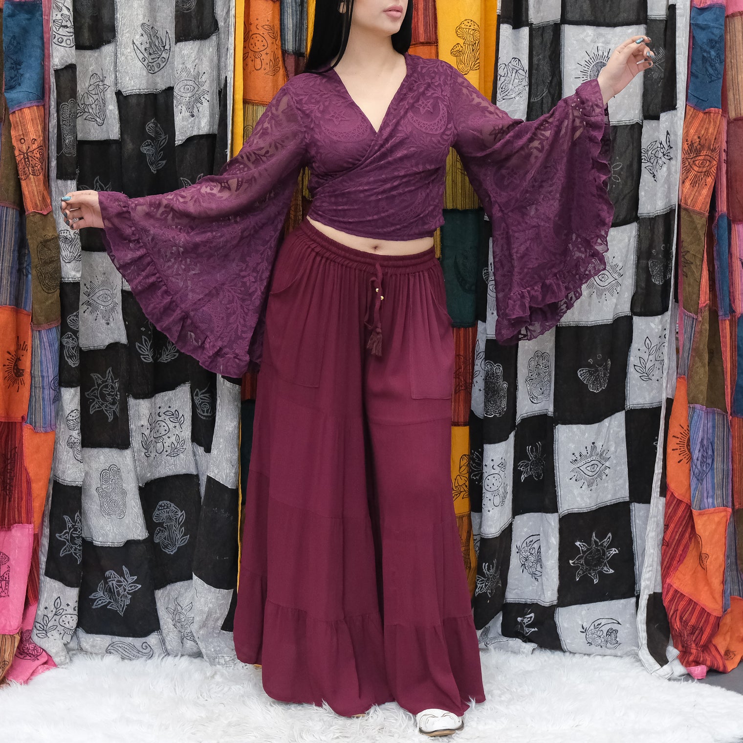 Sheer Celestial Lace Ruffle  Sleeve Wrap Top