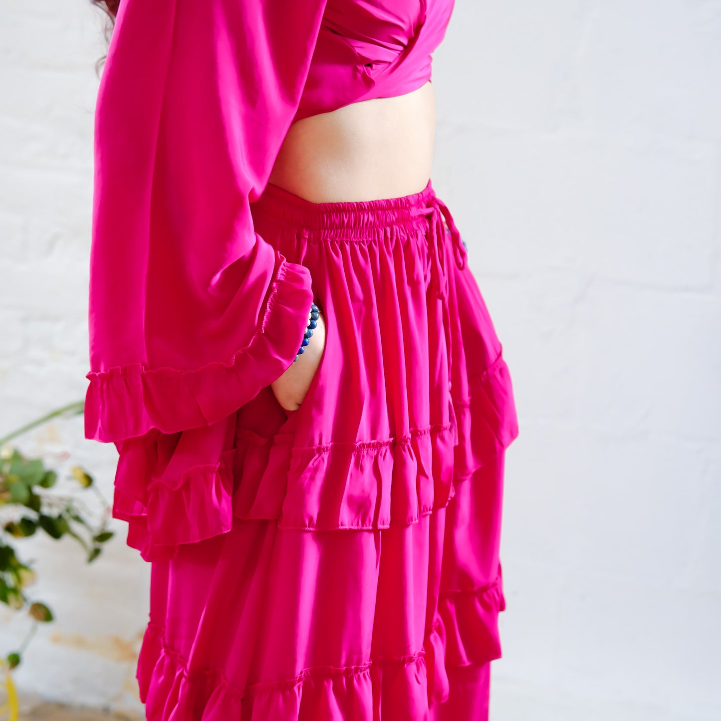 Flowy Tiered Skirt Set with Ruffle Sleeve Wrap Top