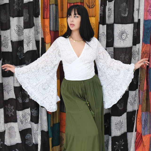 Sheer Celestial Lace Ruffle  Sleeve Wrap Top