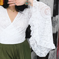 Sheer Celestial Lace Ruffle  Sleeve Wrap Top
