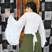 Sheer Celestial Lace Ruffle  Sleeve Wrap Top