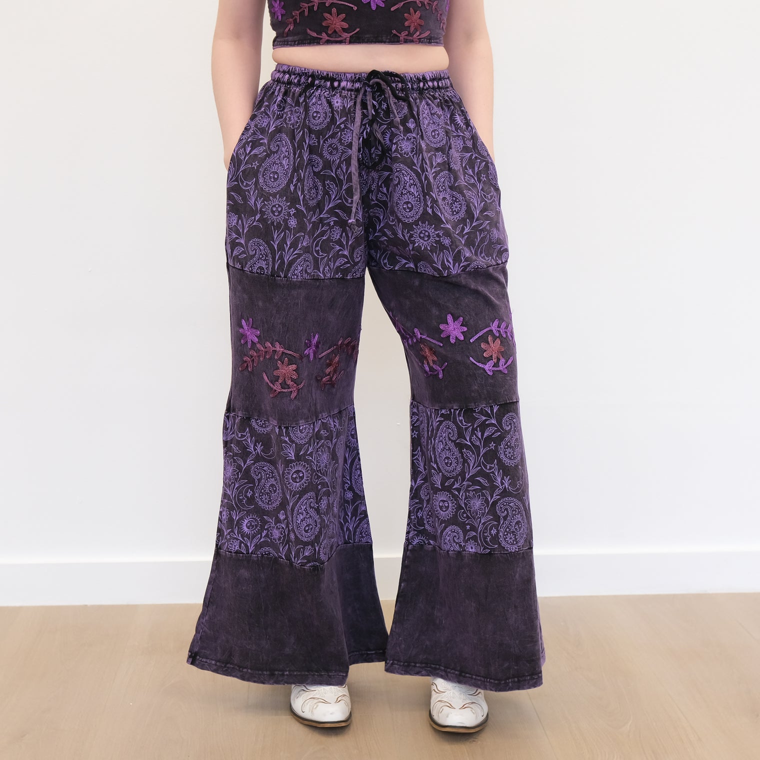 Paisley Boho Embroidered Flowy Wide Leg  Pants