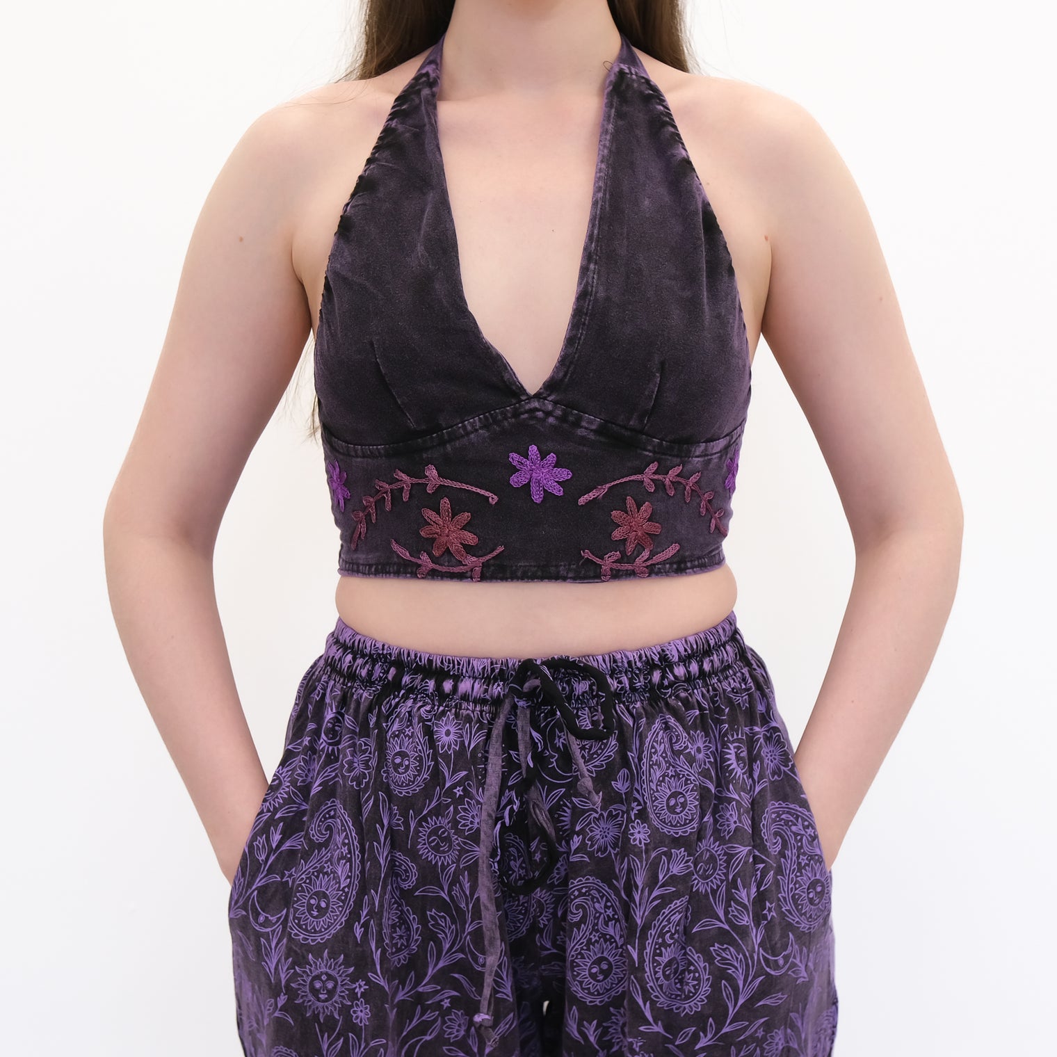 Boho Earthy Paisley Embroidered Flowy Pants with Reversible Bralette Set