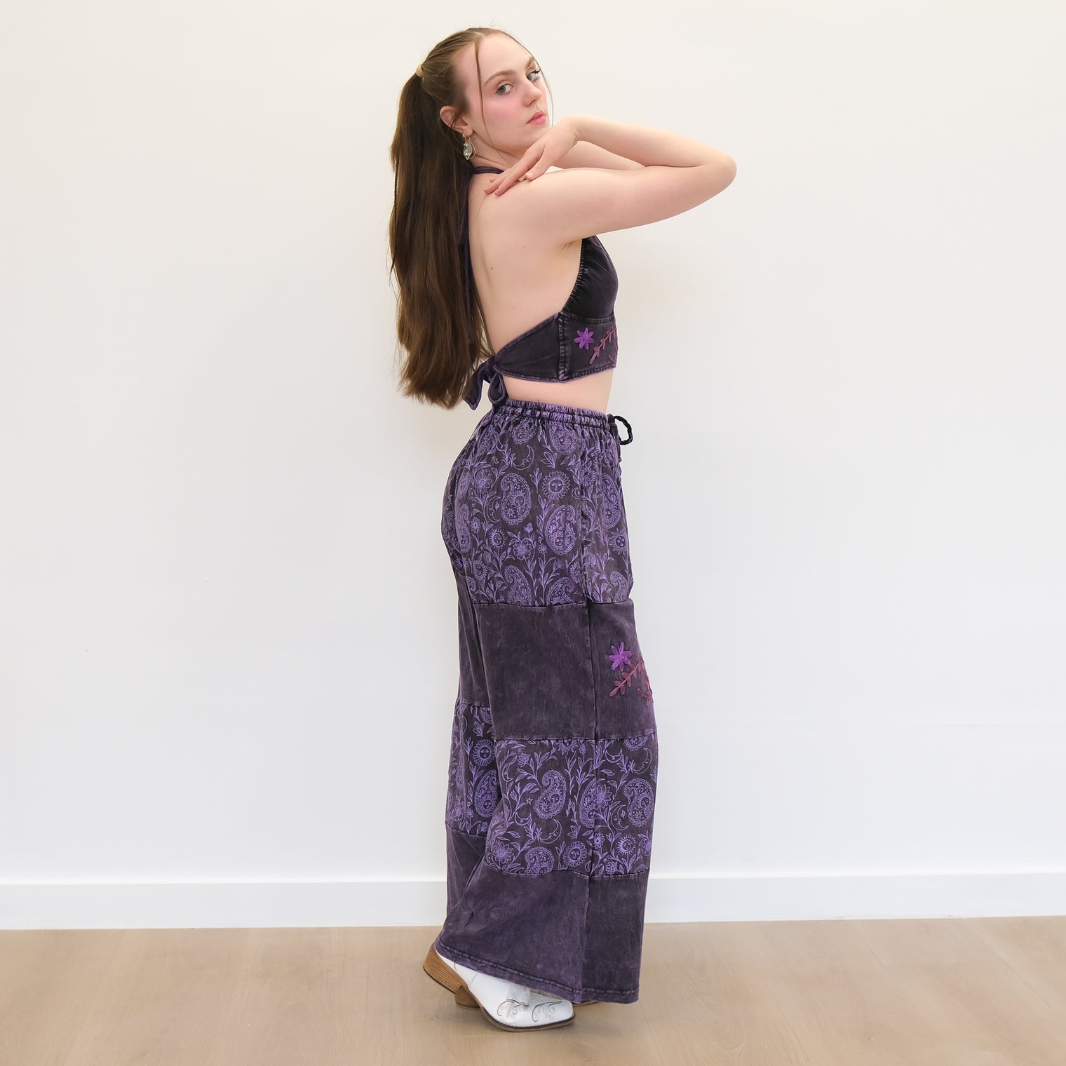 Boho Earthy Paisley Embroidered Flowy Pants with Reversible Bralette Set