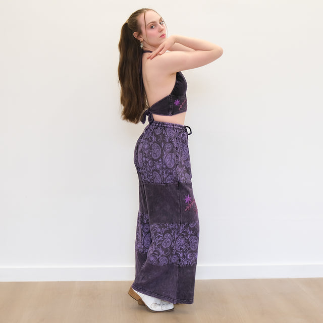 Boho Earthy Paisley Embroidered Flowy Pants with Reversible Bralette Set