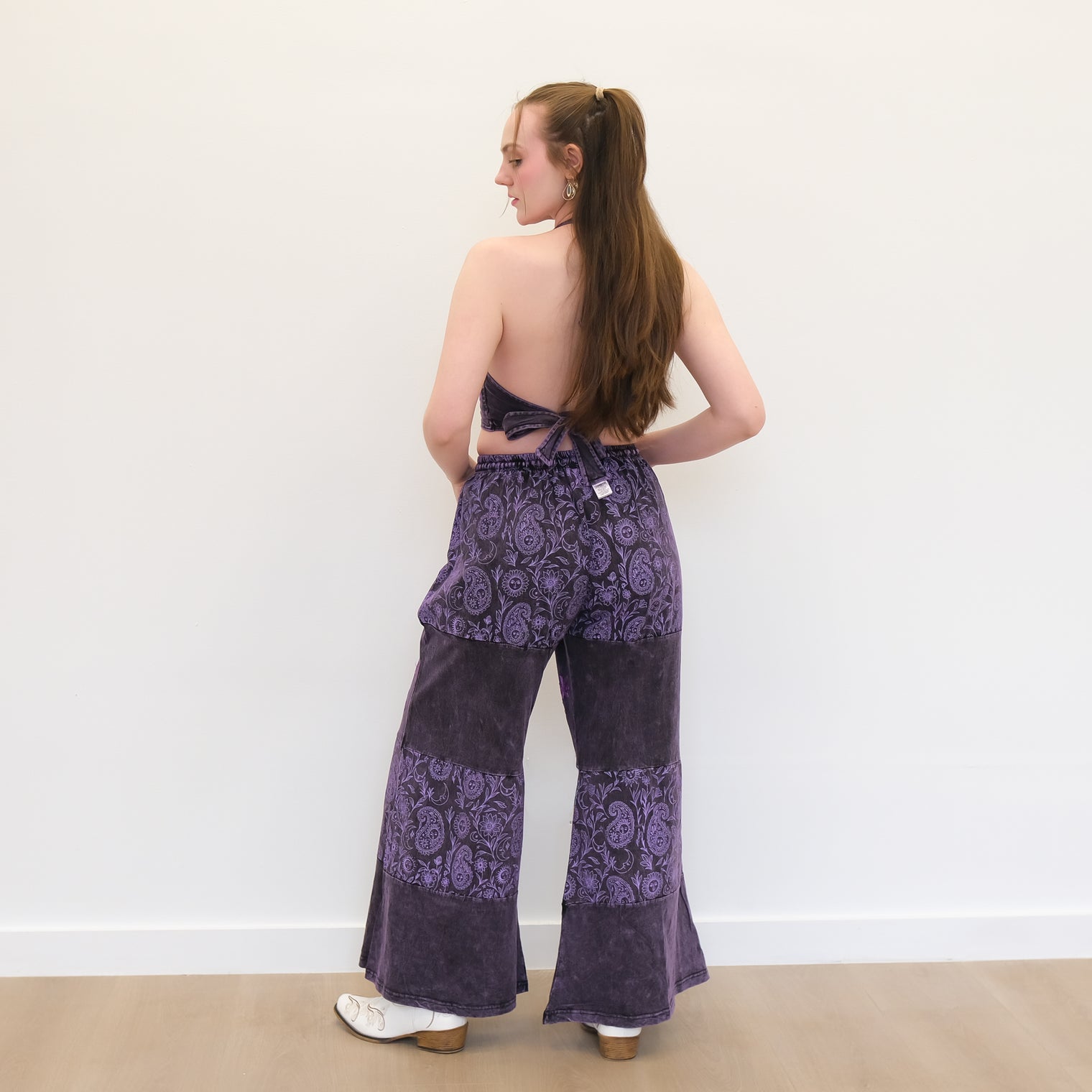 Boho Earthy Paisley Embroidered Flowy Pants with Reversible Bralette Set