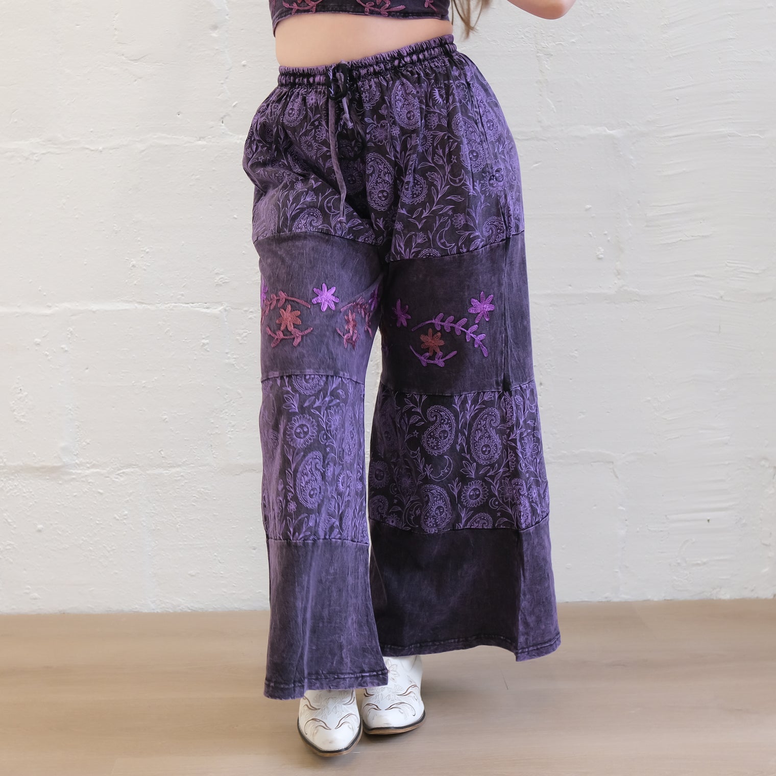 Paisley Boho Embroidered Flowy Wide Leg  Pants