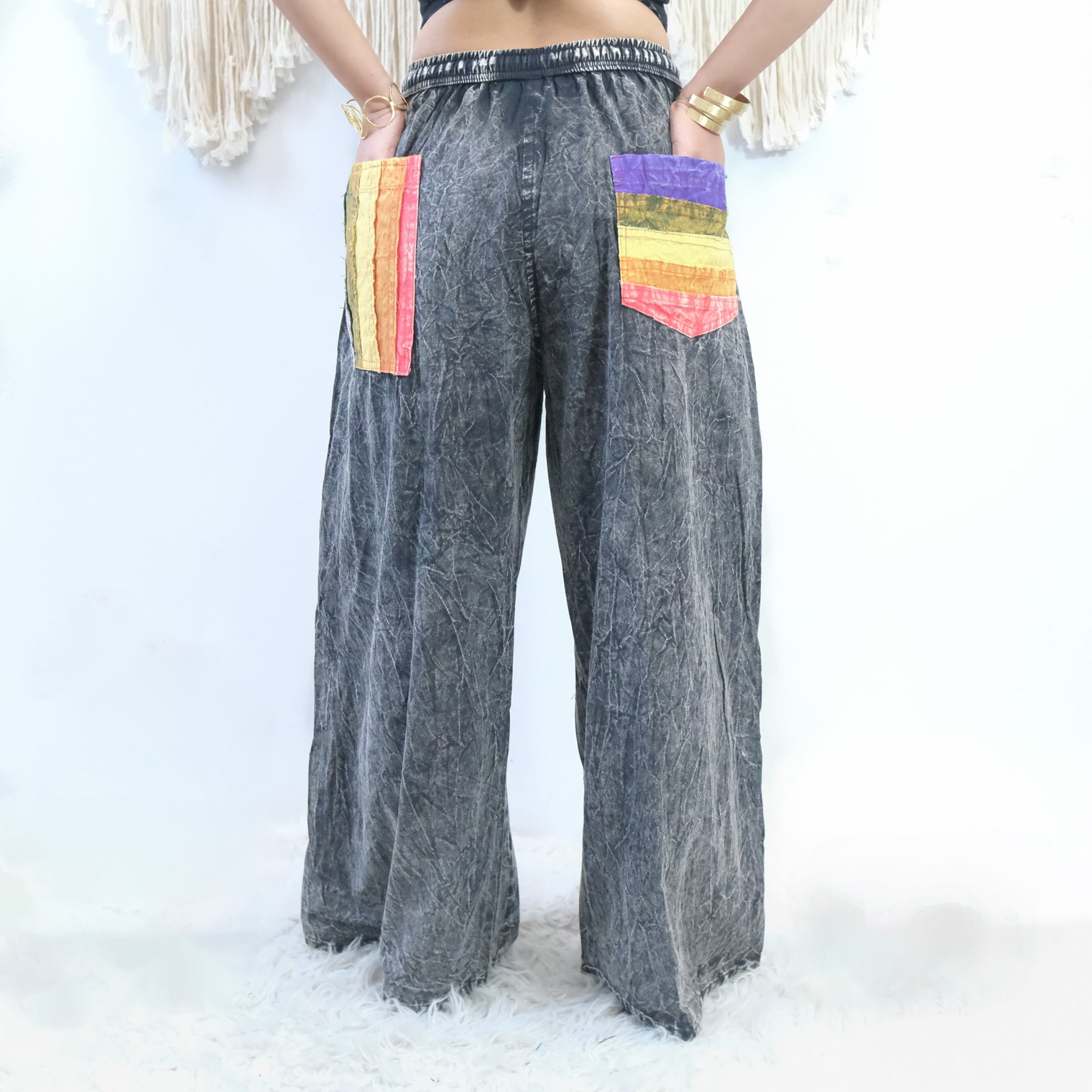Stonewashed Rainbow Patchwork Wide Leg Pants with Pockets