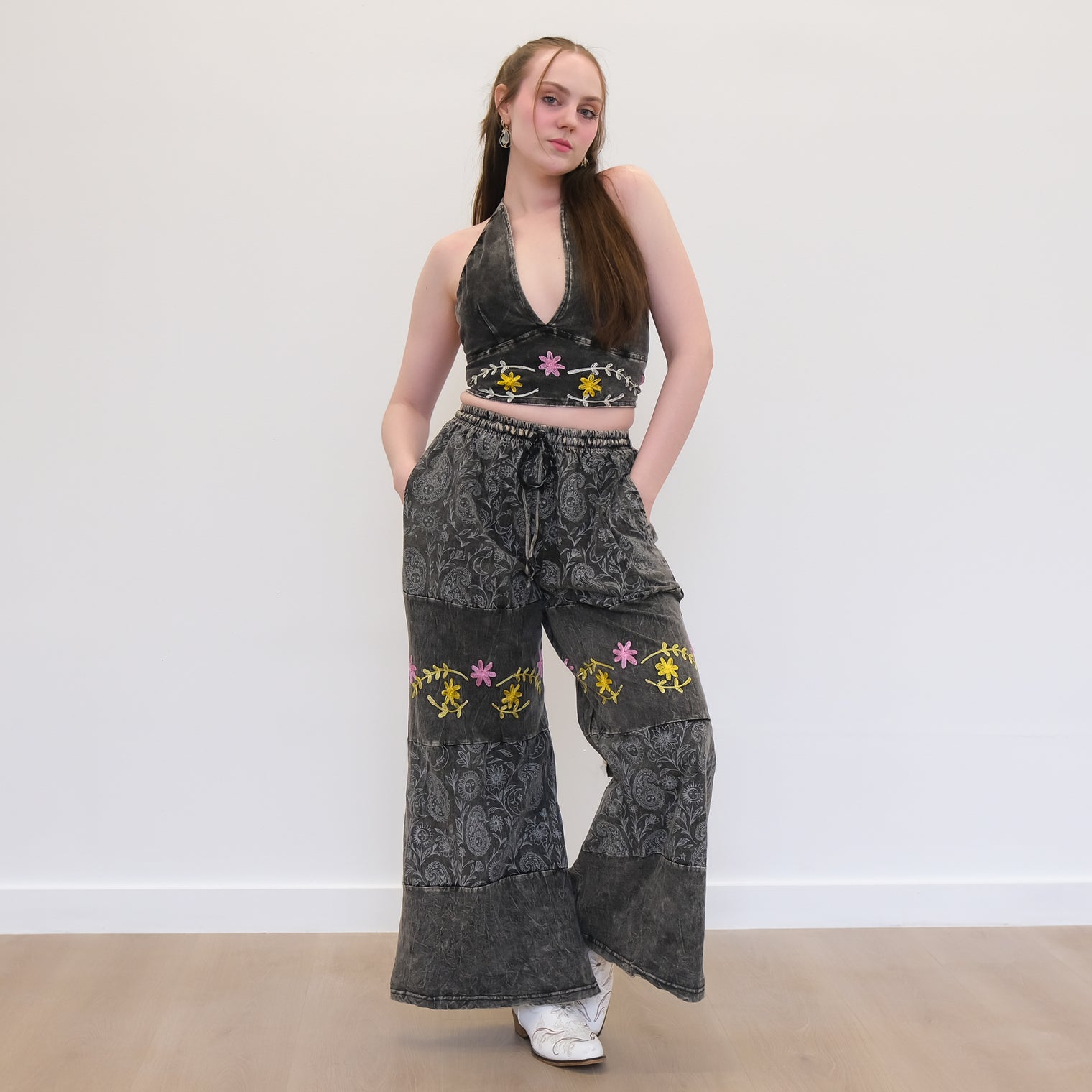 Boho Earthy Paisley Embroidered Flowy Pants with Reversible Bralette Set