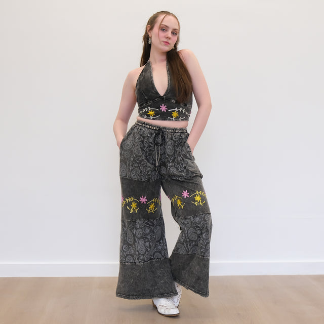 Boho Earthy Paisley Embroidered Flowy Pants with Reversible Bralette Set