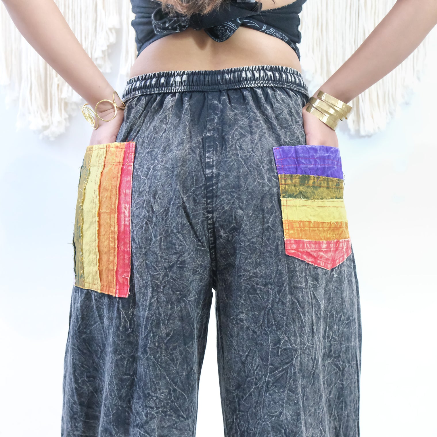 Stonewashed Rainbow Patchwork Wide Leg Pants with Pockets