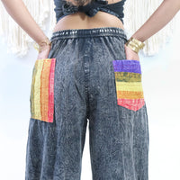 Stonewashed Rainbow Patchwork Wide Leg Pants with Pockets