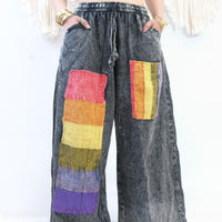 Stonewashed Rainbow Patchwork Wide Leg Pants with Pockets