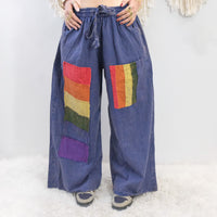 Stonewashed Rainbow Patchwork Wide Leg Pants with Pockets