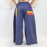 Stonewashed Rainbow Patchwork Wide Leg Pants with Pockets