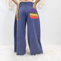 Stonewashed Rainbow Patchwork Wide Leg Pants with Pockets