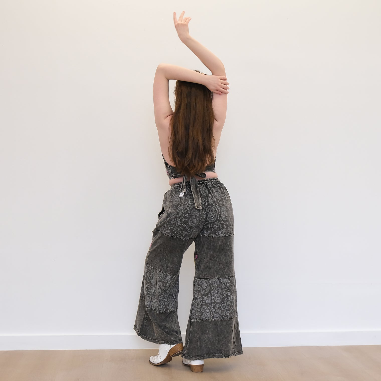 Boho Earthy Paisley Embroidered Flowy Pants with Reversible Bralette Set