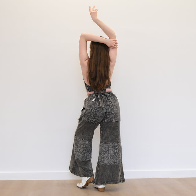 Boho Earthy Paisley Embroidered Flowy Pants with Reversible Bralette Set