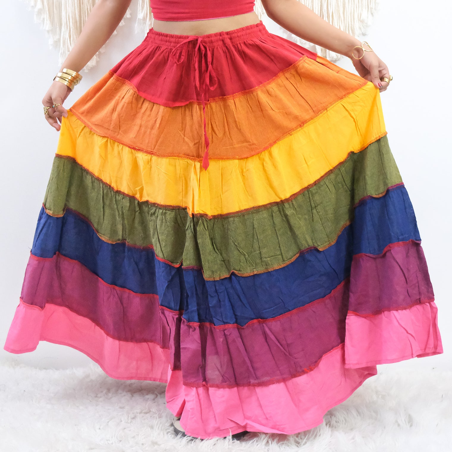 Rainbow Tiered Maxi Skirt with Pockets