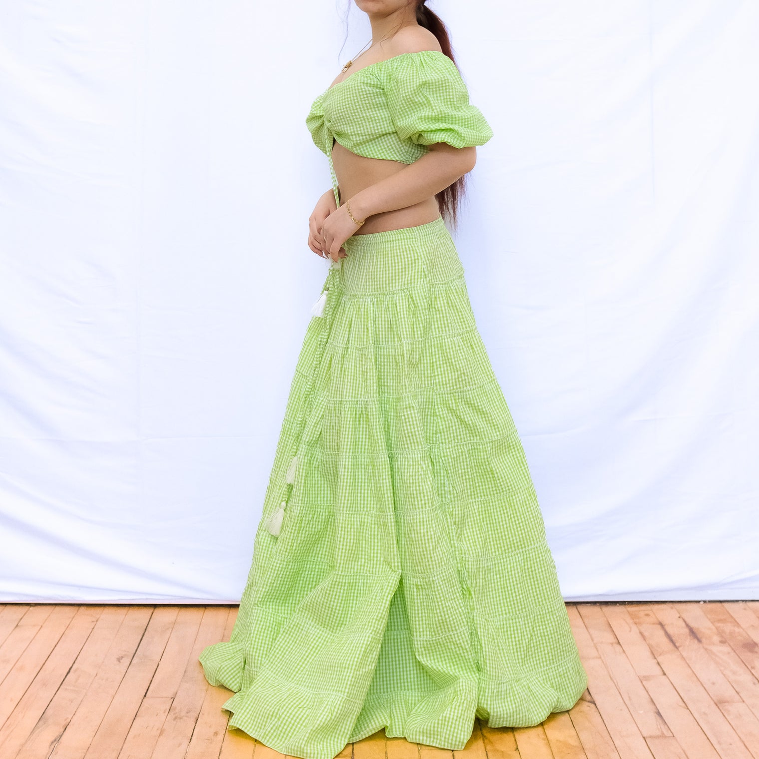 Gingham Flowy Skirt with Puff Sleeve Top